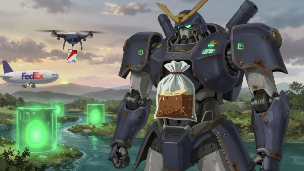 A samurai-shaped trash compactor seals medication waste as a drone drops a mail-back disposal kit.