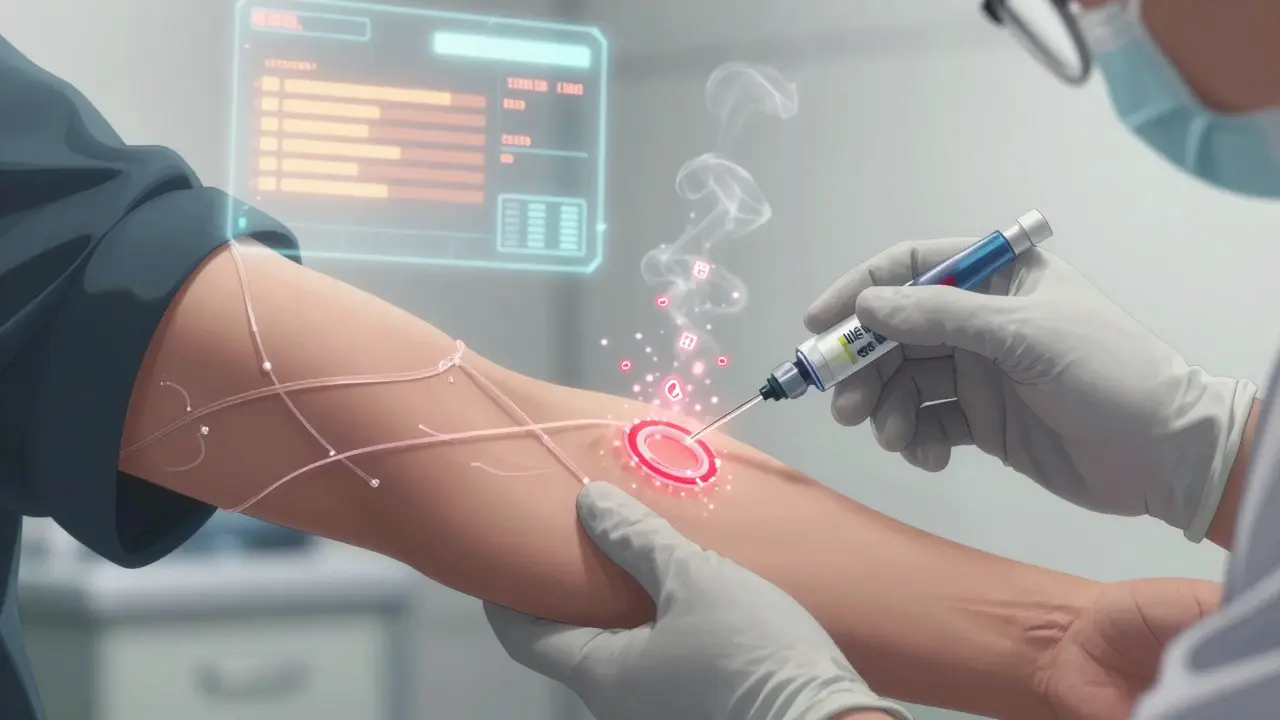 A technician injects a drug solution under the skin, with glowing particles forming a red reaction ring and dissolving allergy symbols.