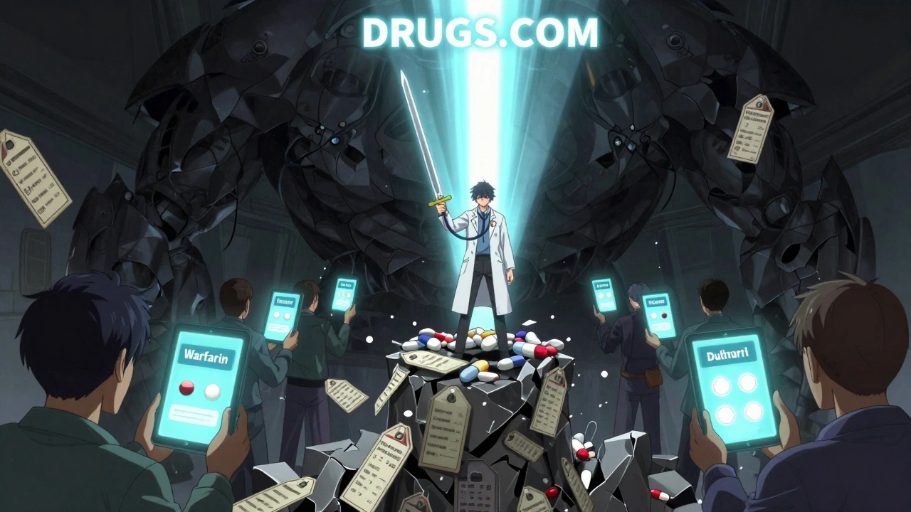 A warrior in a lab coat fights a price-tag monster while patients hold up pill identifiers under a glowing beacon.