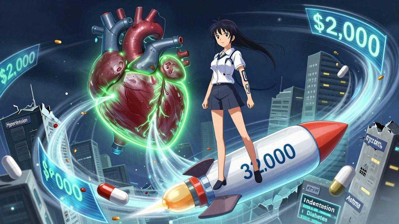 A woman stands on an insulin rocket as savings data flows around her, healing buildings with generic pills.