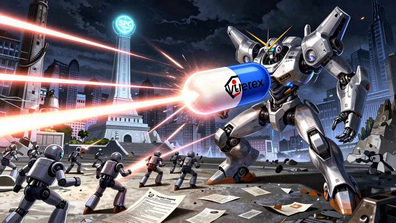 Branded drug robot firing patent lasers at generic robots in a cyberpunk battlefield.
