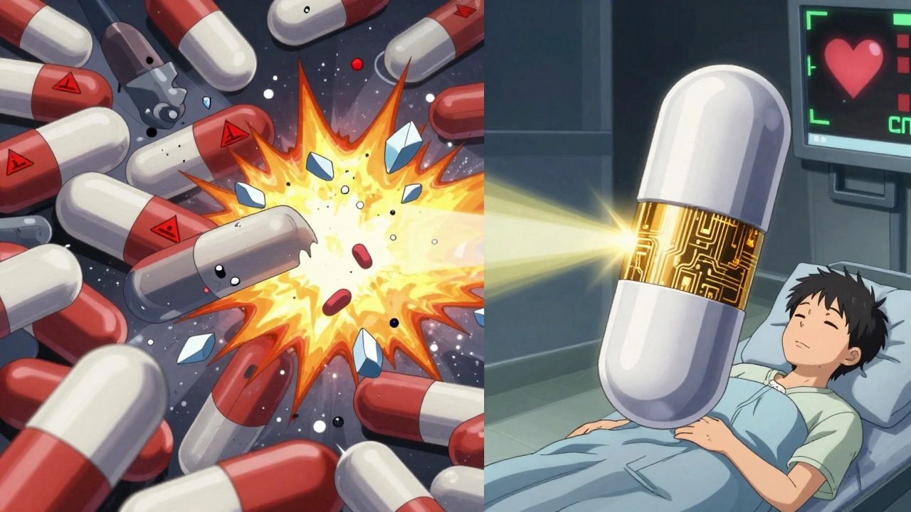 Chaotic generic pills vs. a smooth authorized generic pill stabilizing a patient&#039;s heart monitor in a cyberpunk pharmacy scene.