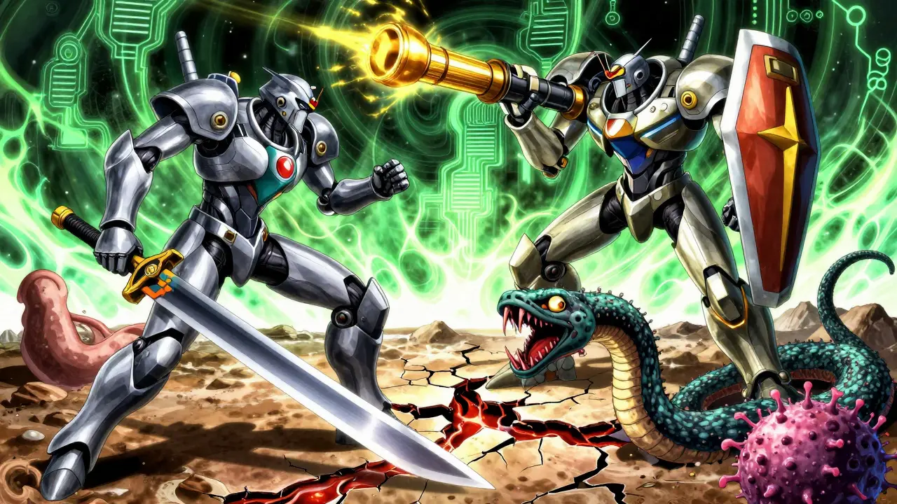 Clopidogrel and H. pylori battle in a stomach landscape as a pantoprazole mech blocks interfering energy waves.