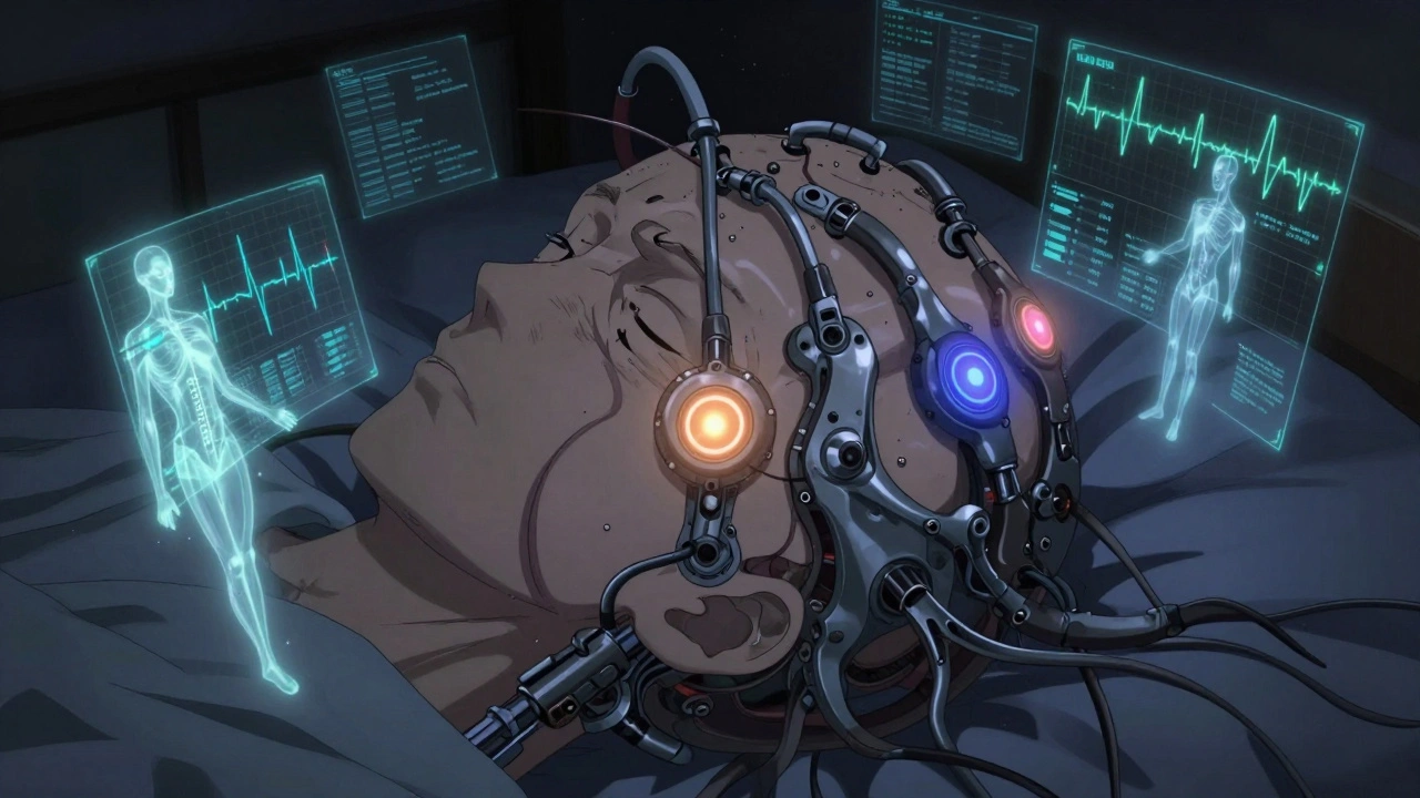 Close-up of biomechanical sensors on scalp emitting colorful neural waveforms in a dark, starry sleep room.