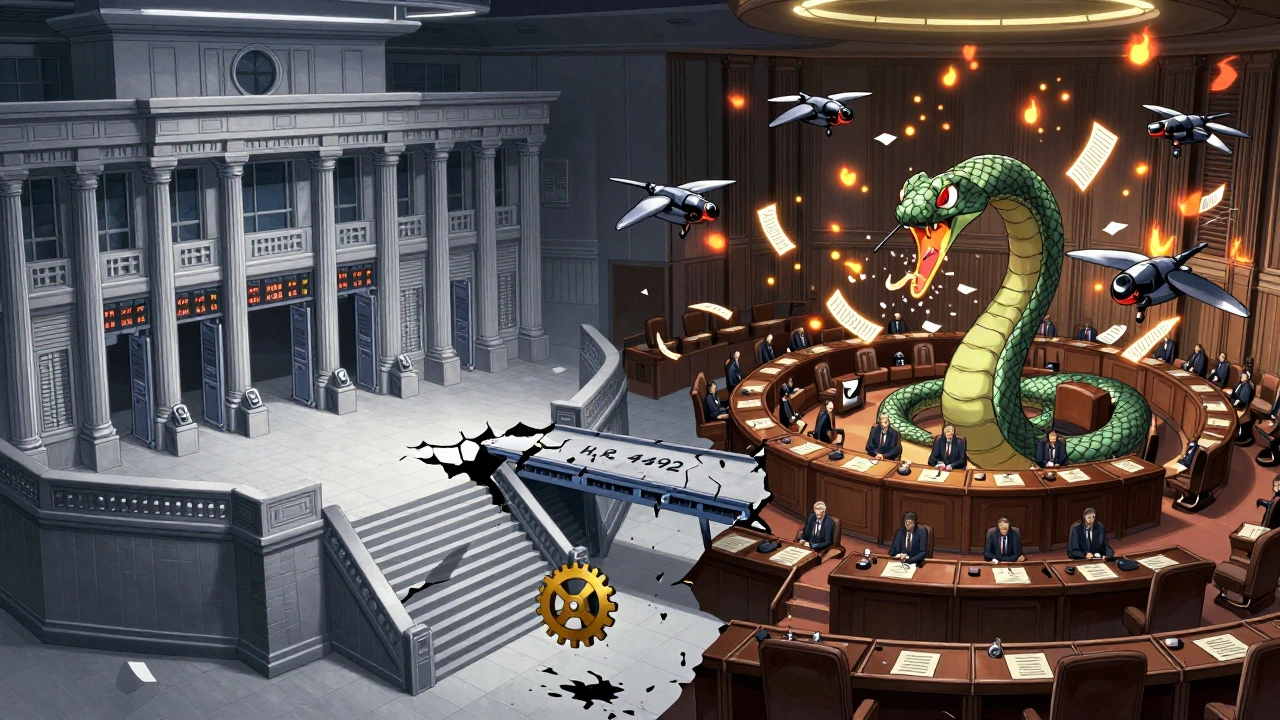 Contrasting House and Senate chambers: one rigid and automated, the other chaotic with flying amendments, connected by a broken bridge.