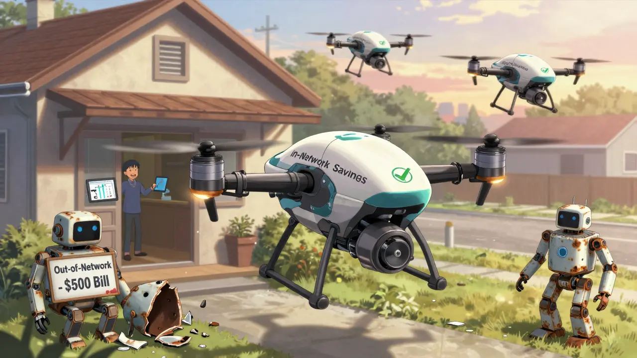 Drone delivery fleet bringing prescriptions to a home while a discarded pharmacy robot rusts outside.