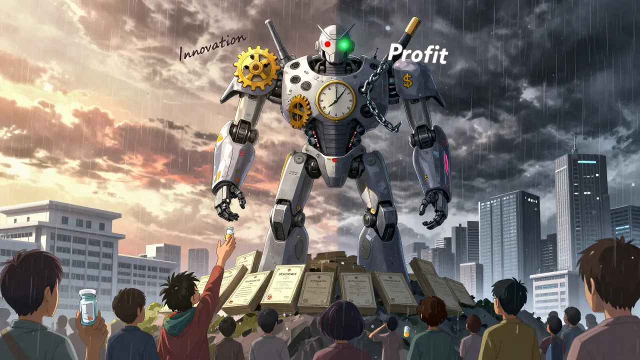 Dual-faced mecha representing innovation vs. profit, standing on stacked exclusivity certificates.