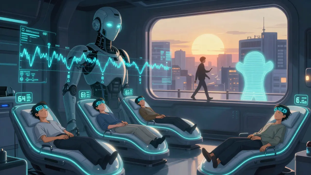 Futuristic sleep clinic with patients in pods, glowing efficiency meters, and an AI guardian projecting a sleep progress timeline.