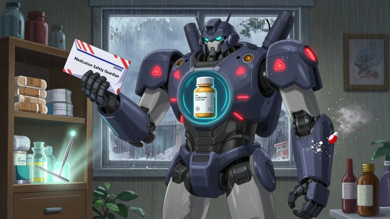 Mecha guardian crushing expired drugs while organizing safe essentials in a home.