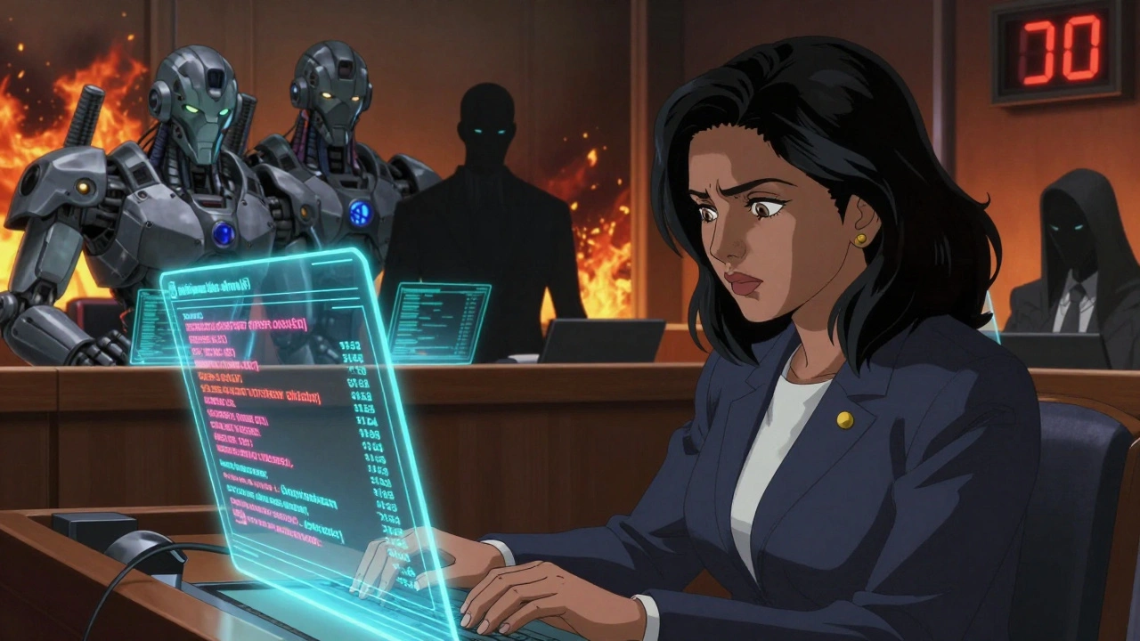 Representative Pramila Jayapal struggling with a misclassified amendment as error warnings flash on a holographic screen.