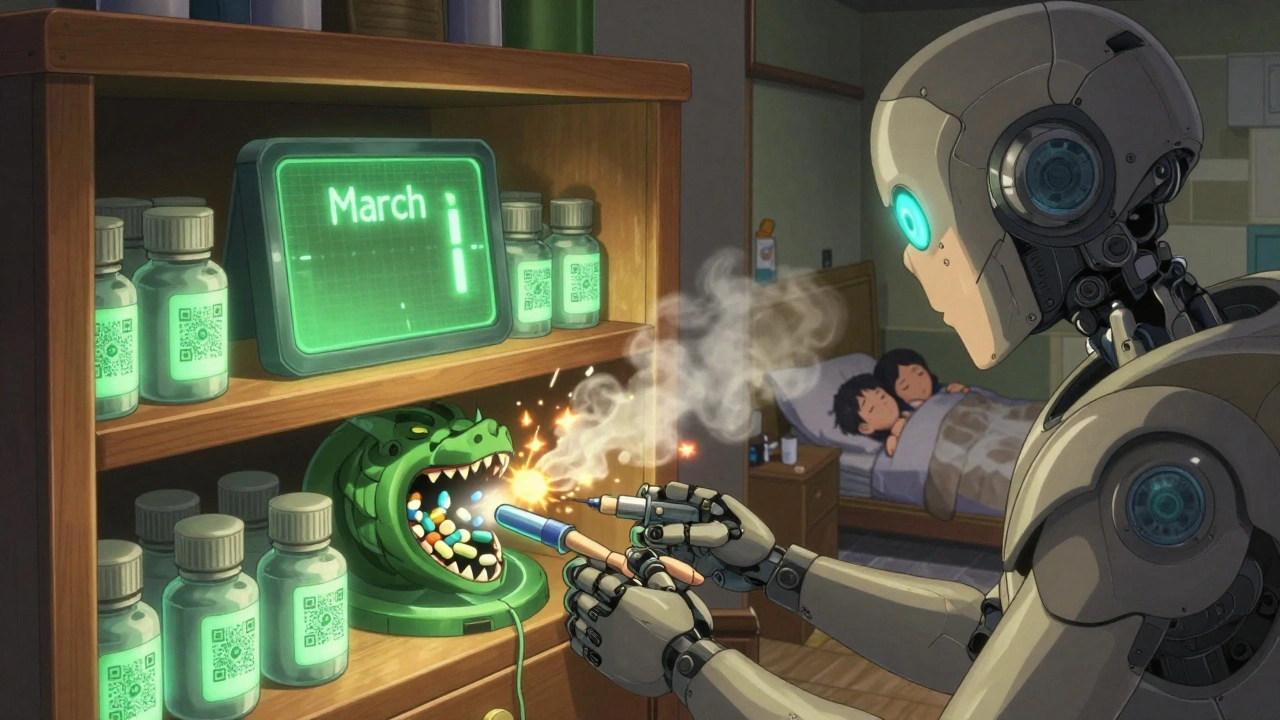 Smart cabinet with glowing QR codes and digital clock, disposing of dangerous medications.