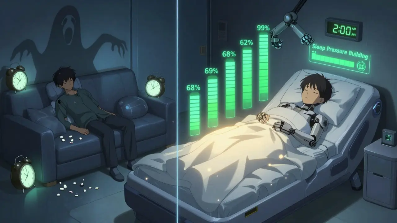 Split scene: exhausted person on couch vs. same person sleeping peacefully in a glowing mecha-bed with rising efficiency bars.