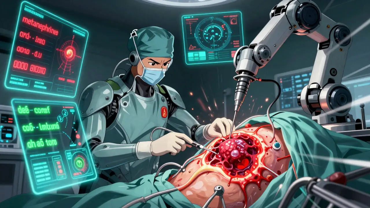 Surgeon in exosuit removing a pulsating adrenal tumor with holographic hormone readouts during robotic surgery.