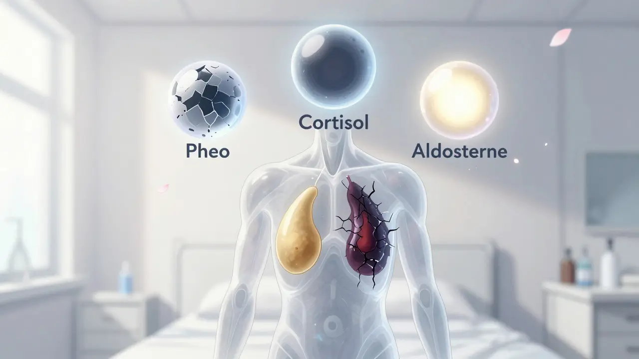 Transparent patient showing one healthy and one malignant adrenal gland, with hormone orbs floating above in serene scene.