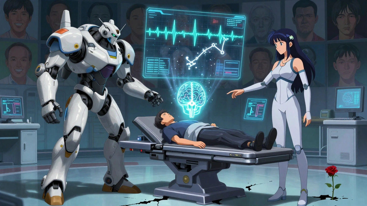 Two futuristic mechs reach toward a brain glowing with gamma waves, symbolizing treatment pathways.