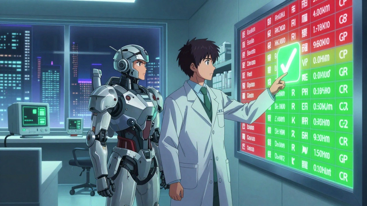 Two pharmacists verify drug labels under glowing color-coded displays in a futuristic pharmacy, symbolizing teamwork and safety.