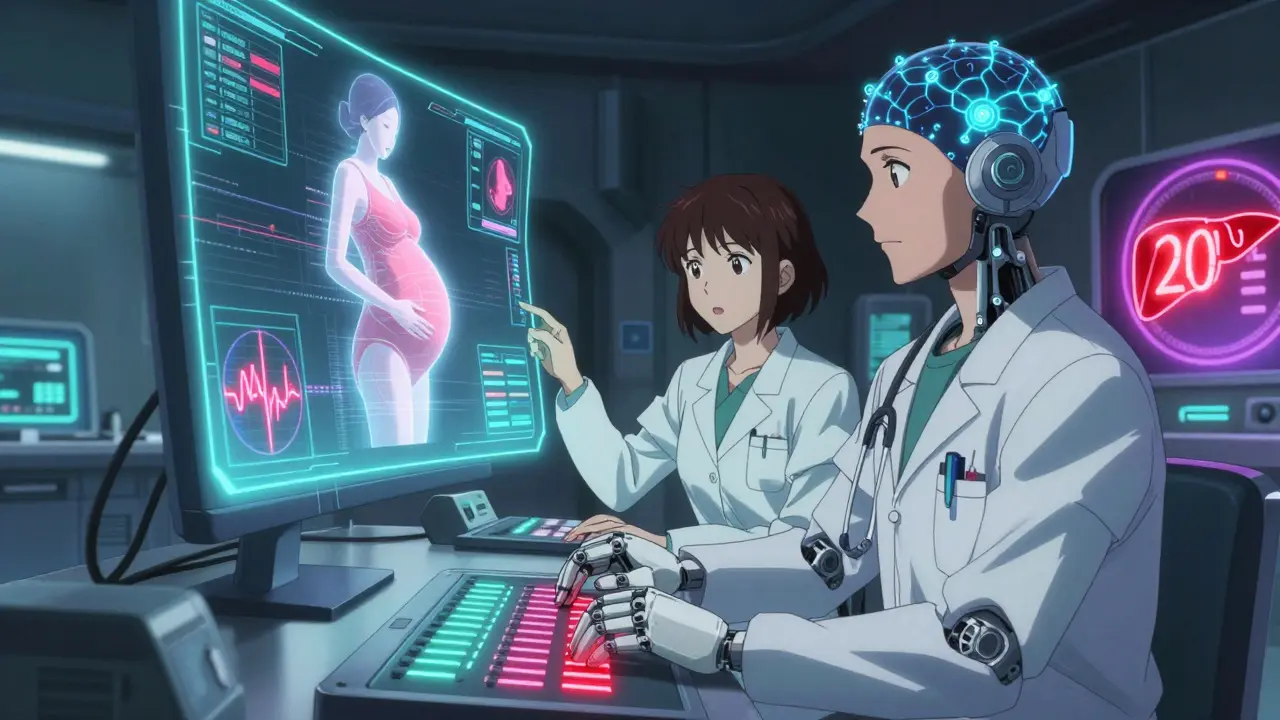 Two robotic medical figures adjusting a holographic pregnancy medication dosage in a high-tech control room with glowing data streams.
