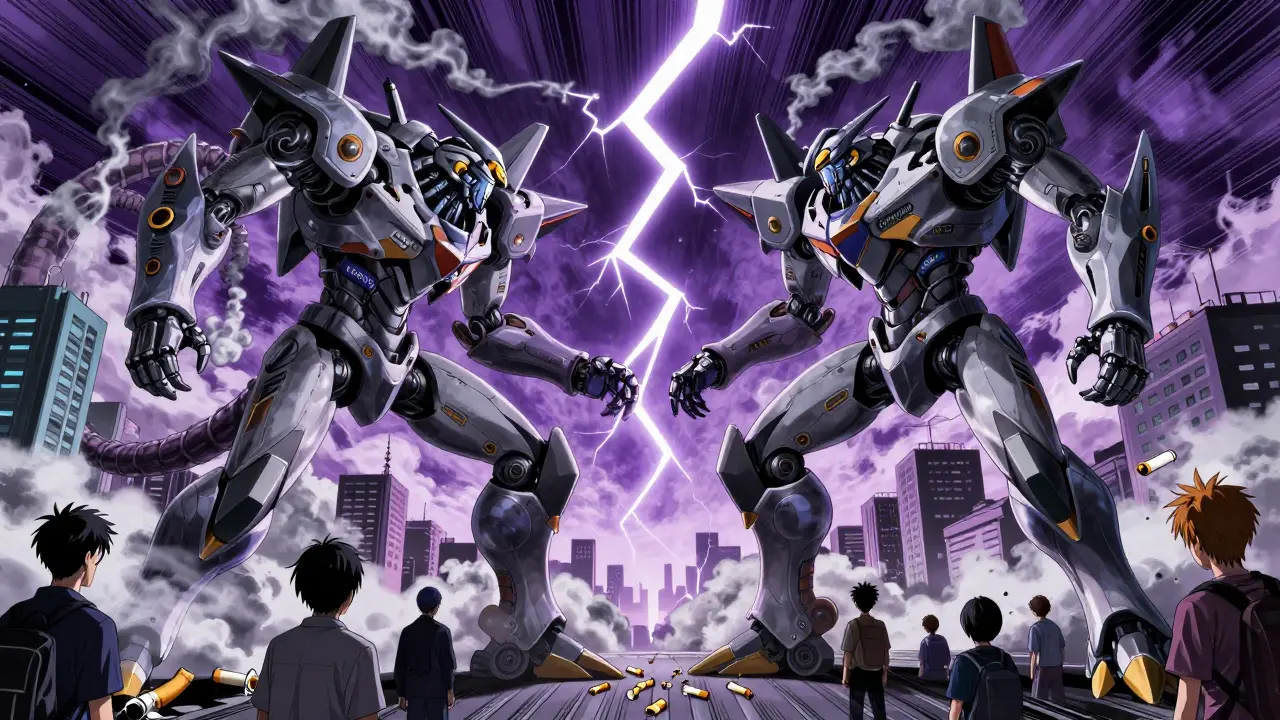 Two smoking cessation drugs as giant robots locked in a tense standoff over a city of cigarette debris.