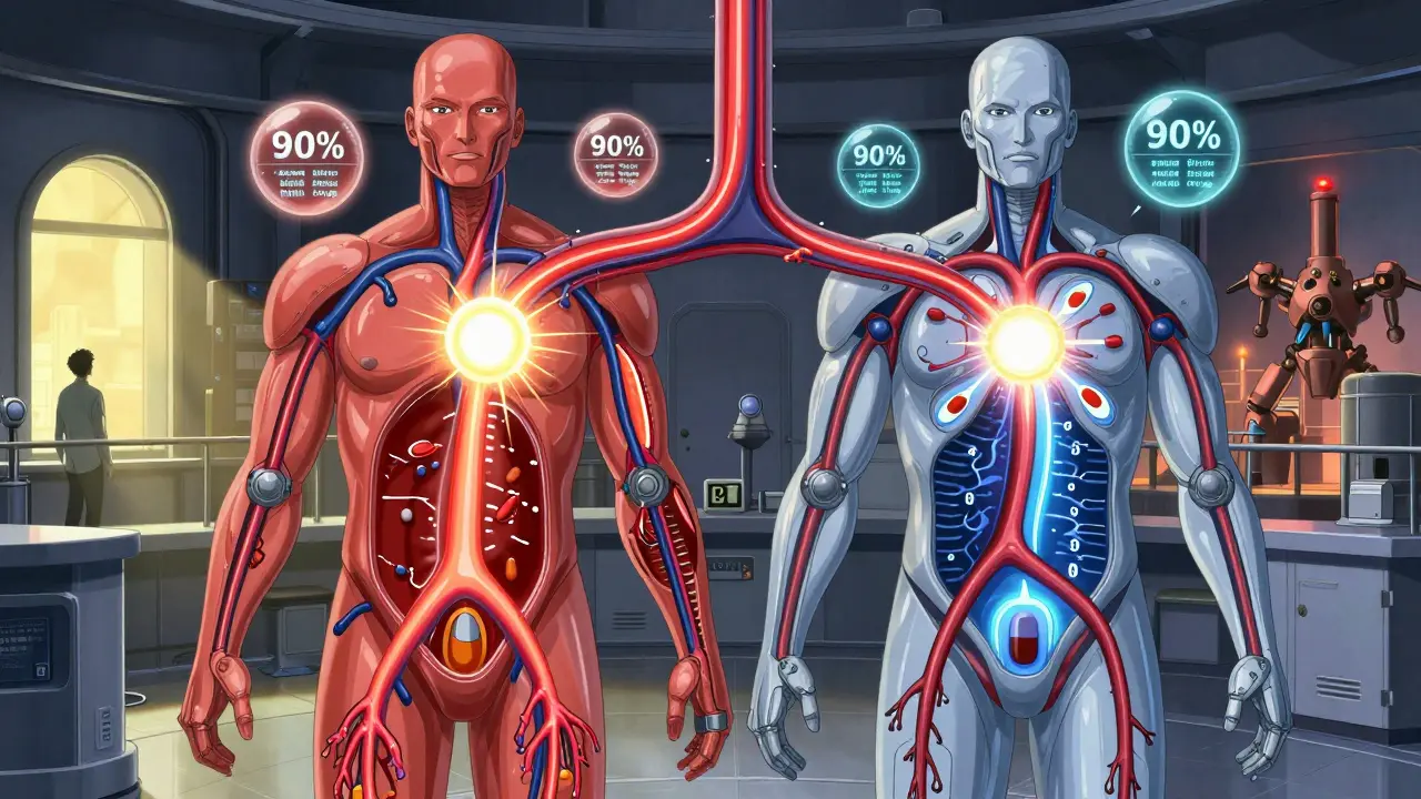Two synchronized robotic bloodstreams demonstrate identical drug absorption in a human circulatory system.