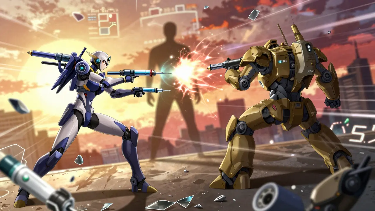 A battle between EpiPen and generic injector mechas firing needles into a human silhouette, with digital metrics glowing in the air.