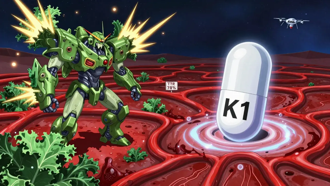 A battlefield in the bloodstream where a vitamin K1 mech calms chaotic kale explosions, creating stable clotting waves.