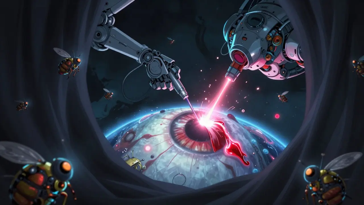 A dark shadow curtain spreading across a retinal landscape as a robotic laser arm repairs a tear.