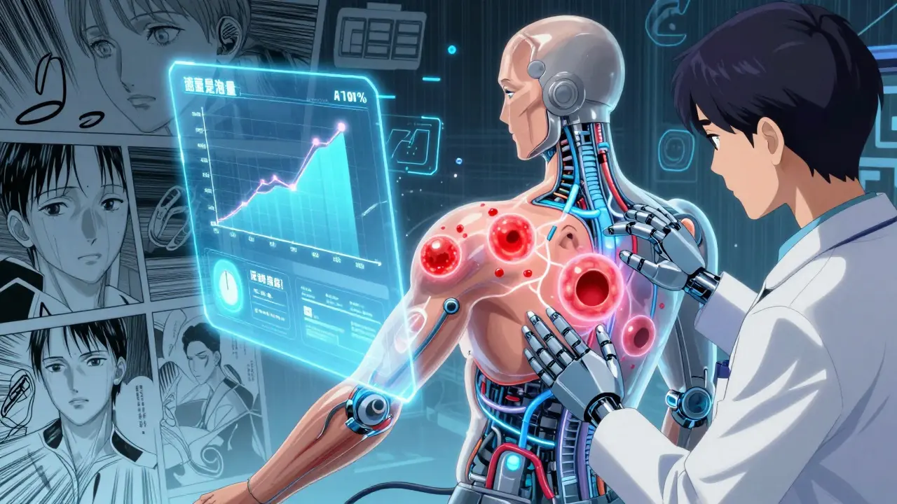 A diabetes educator using robotic arms to reveal holographic lumps and voids in skin, with healing countdown and insulin pathways.