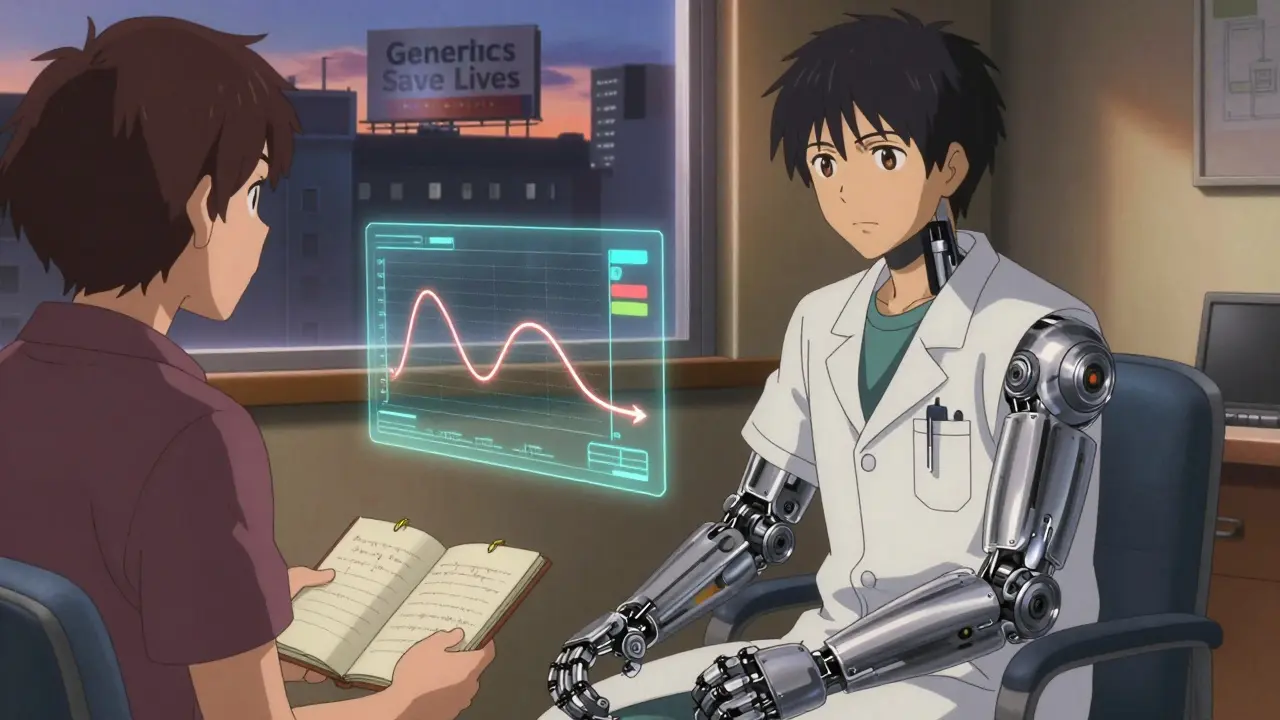 A doctor and patient view a 3D blood absorption comparison during a consultation.