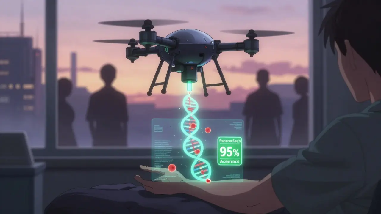 A drone extracting blood that becomes a holographic tumor DNA map, symbolizing advanced early detection.