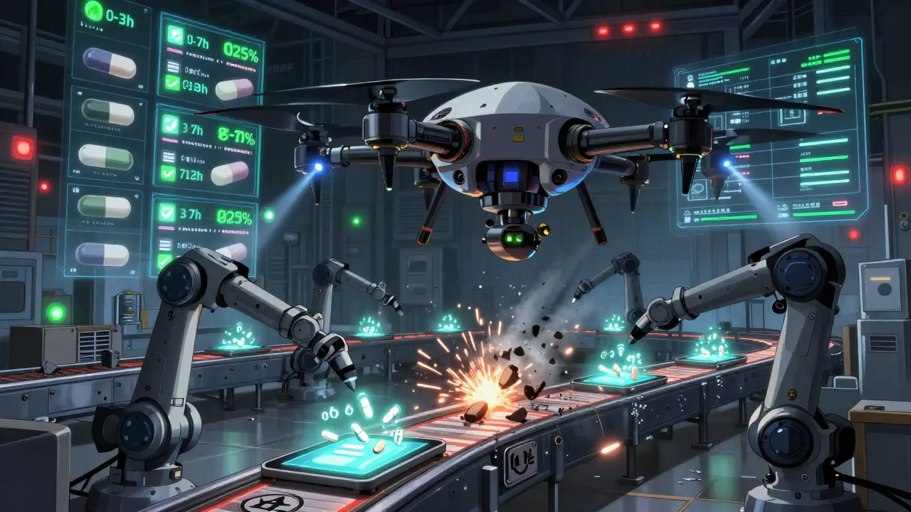 A factory with robotic arms assembling pills, a drone inspecting them, and rejected tablets crumbling as warning lights flash.