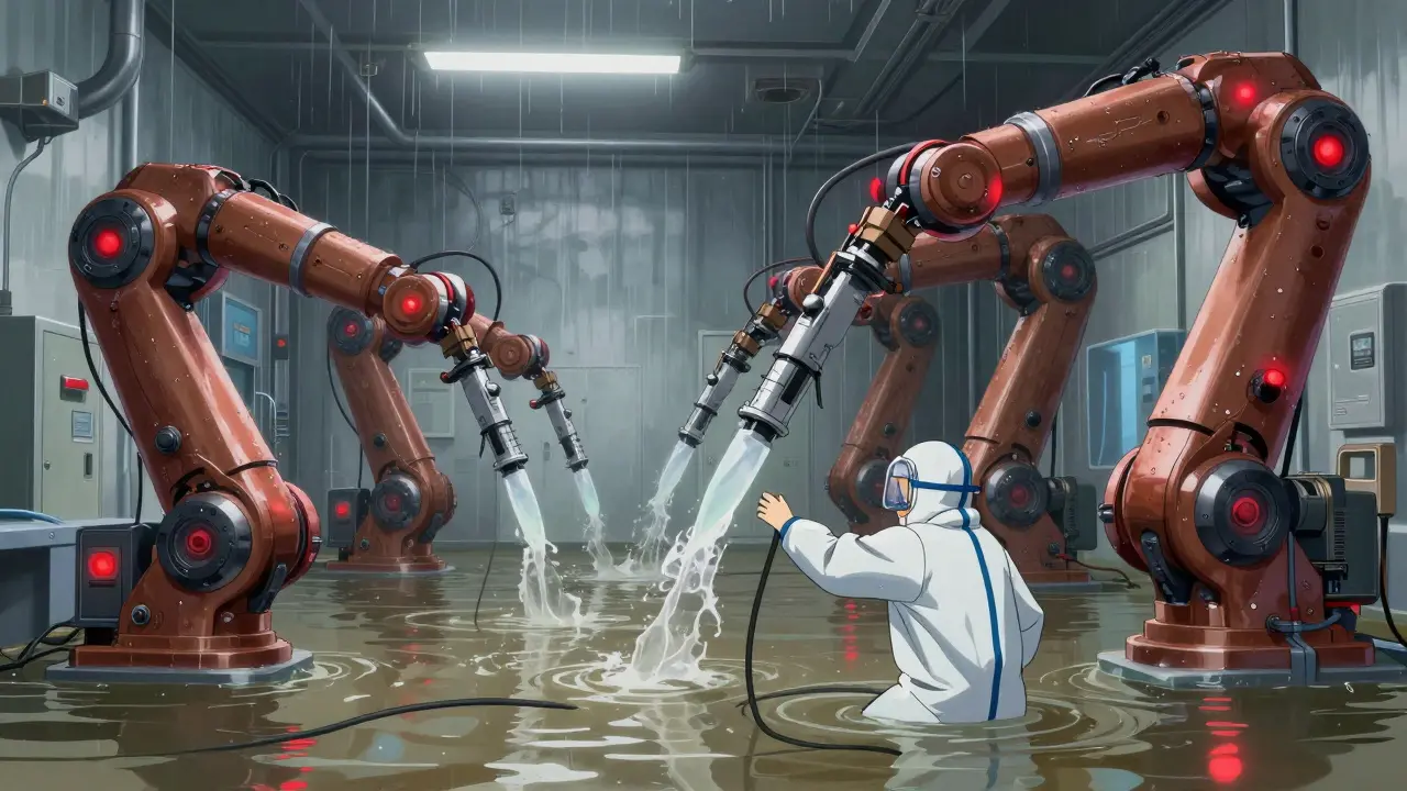 A flooded pharmaceutical clean-room with robotic arms malfunctioning in floodwater.