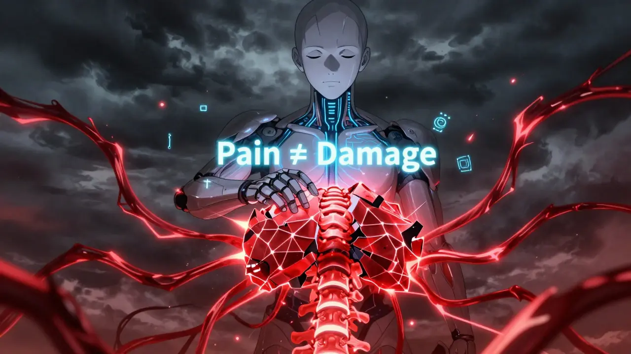 A fractured neural spine surrounded by red energy, calmed by a serene blue mech with the text 'Pain ≠ Damage' floating nearby.