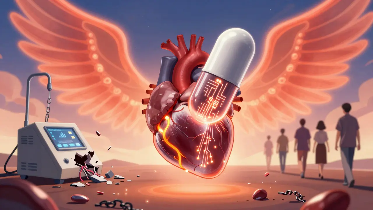 A glowing HIF-PHI pill activates natural erythropoietin production and frees trapped iron in the body.