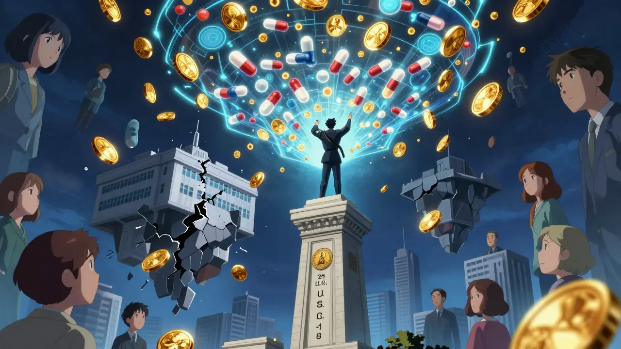 A government figure activates a hologram of drugs as payment coins fall on a corporate fortress.