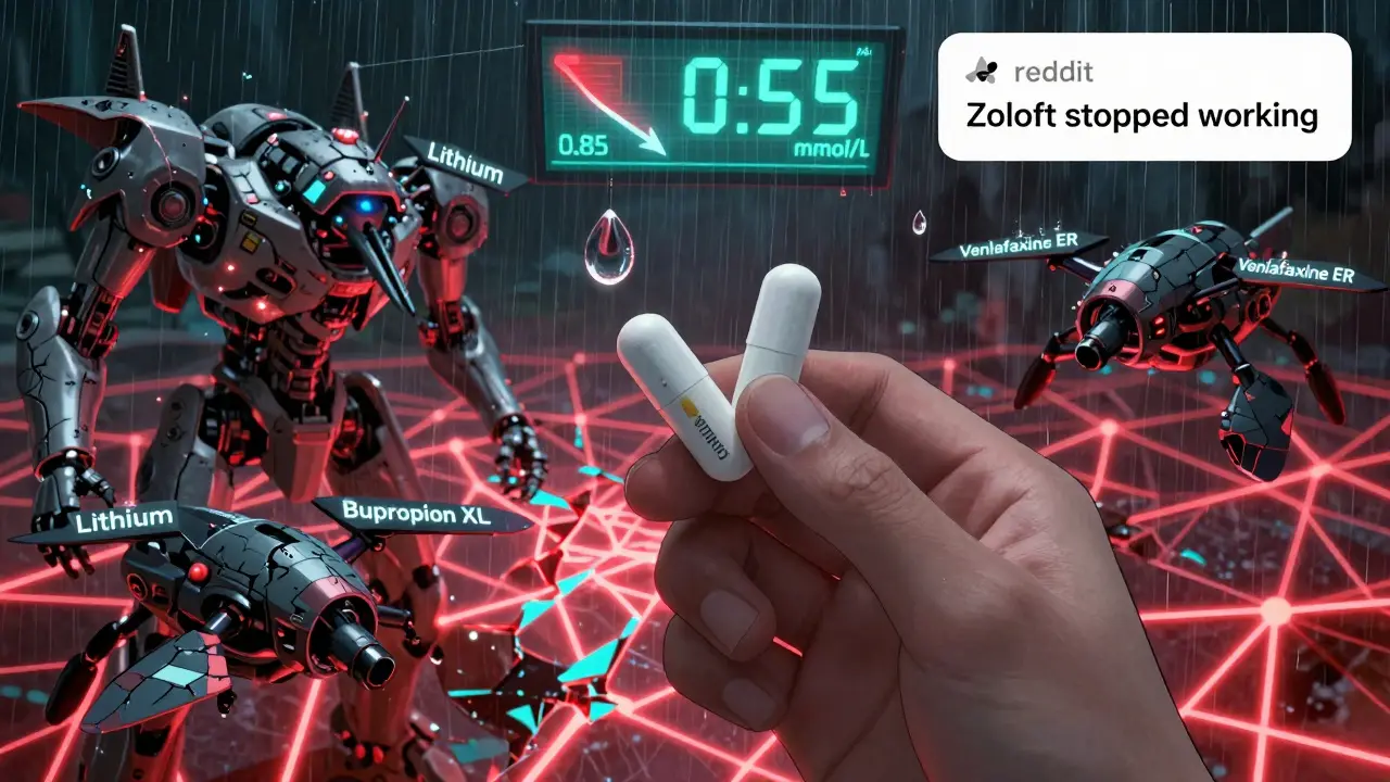 A hand holds branded and generic psychiatric pills as a neural network fractures and lithium levels drop.