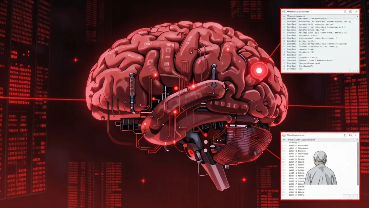 A massive AI brain scans patient data streams, flashing red alerts as one report triggers a global safety response.