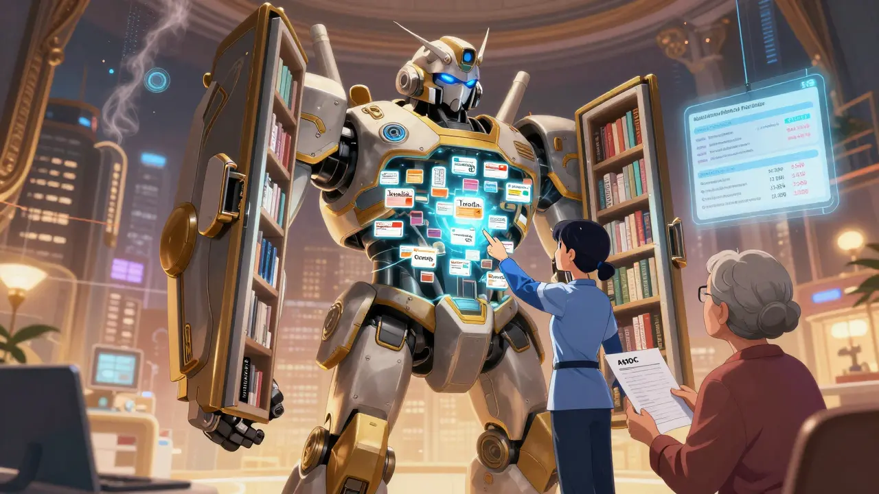 A mech-shaped library displays floating medication cards as a counselor guides an elderly woman through plan options.