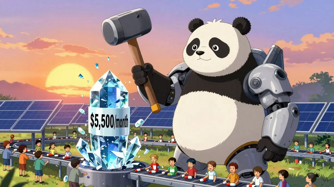 A mechanical panda smashes a price monolith while patients receive life-saving pills.