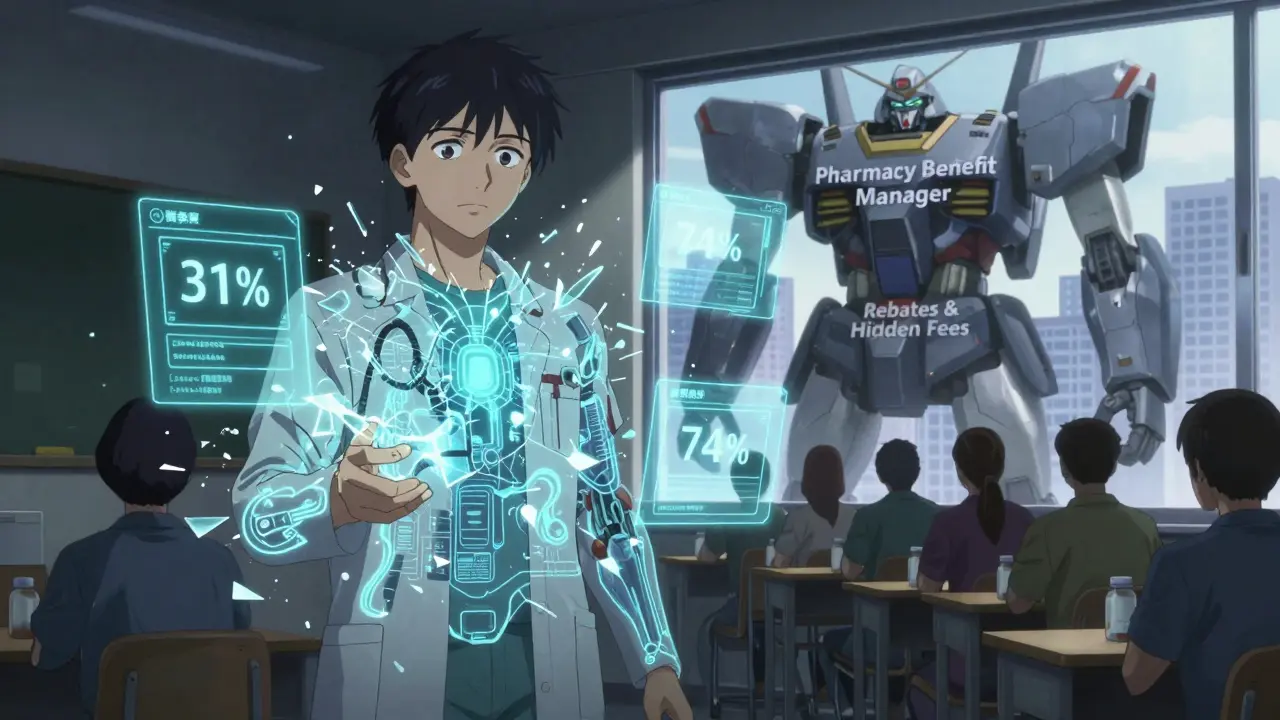 A medical student with a data-core interface, overwhelmed by exploding drug cost errors while a giant PBM mecha casts a shadow over the city.