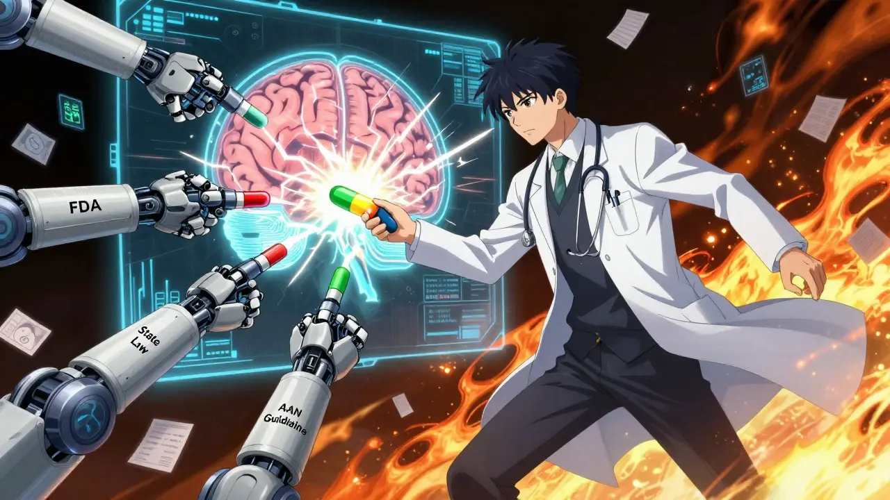 A neurologist stands before a holographic brain under conflict between FDA, state law, and medical guidelines.