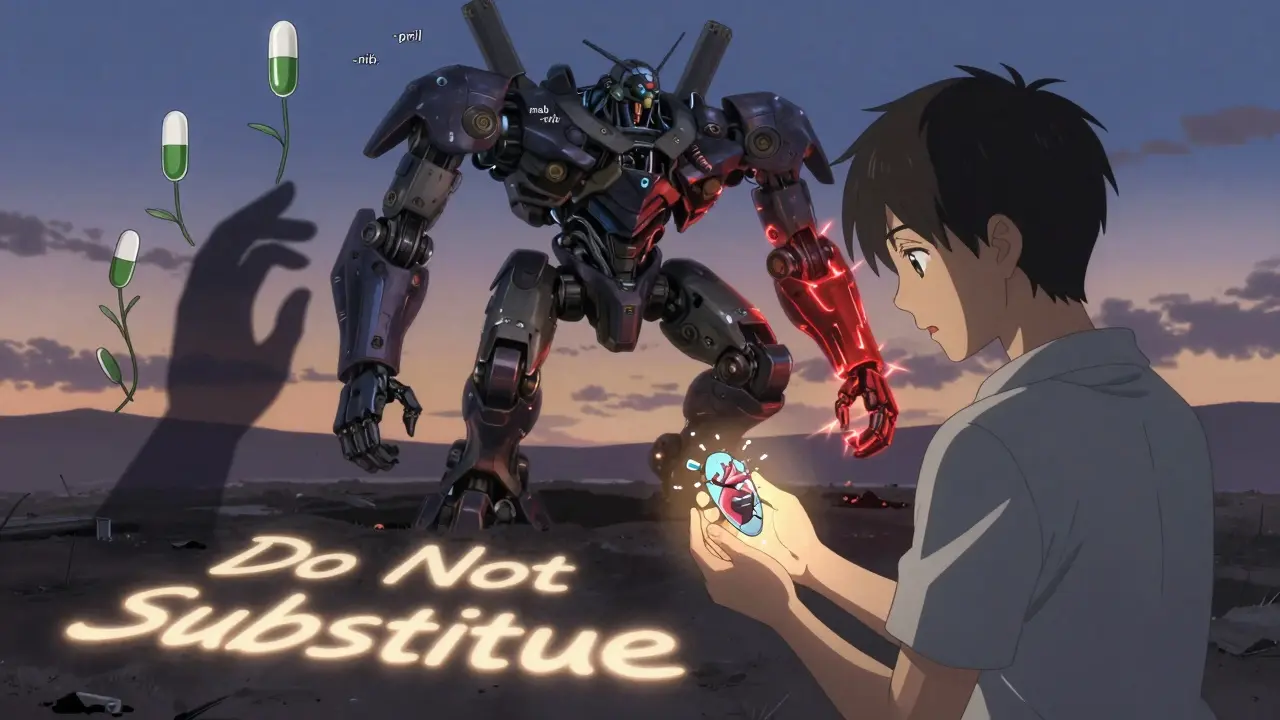 A patient holds a cracking pill revealing a mechanical heart, as a giant drug monolith looms behind.