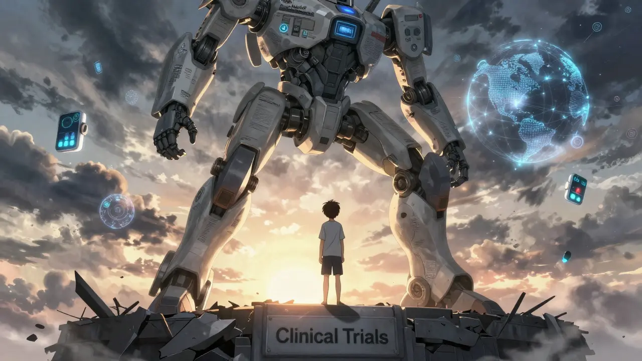A patient looks up as a towering mech of reports and algorithms rises to save them from falling clinical trial ruins.