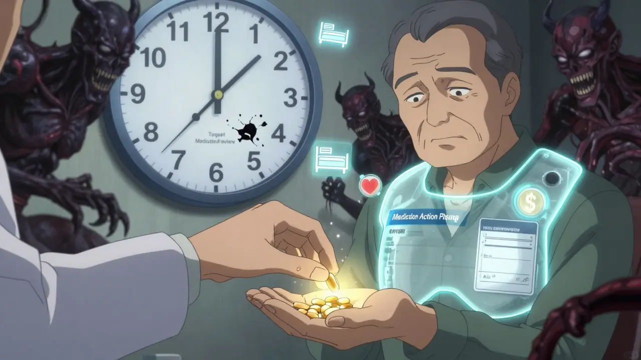 A pharmacist's hand places a glowing pill as dangerous drug demons dissolve, with a Medication Action Plan glowing on the patient's chest.