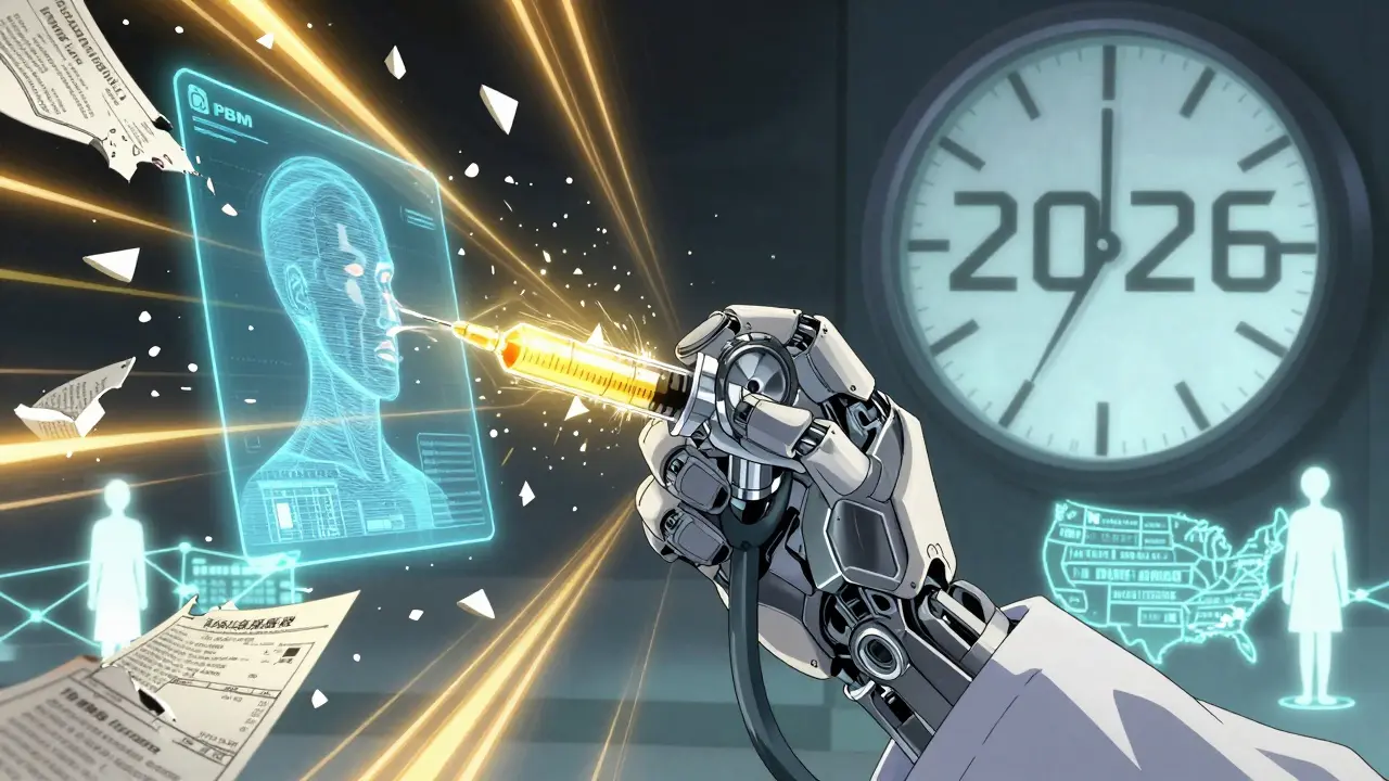 A pharmacist's hand releases data streams into a holographic patient profile as broken insurance documents dissolve into light.