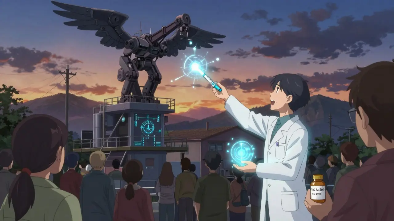A pharmacist stands on a mechanical vaccine tower, extending a glowing syringe to a crowd below as trust radiates from their hands.