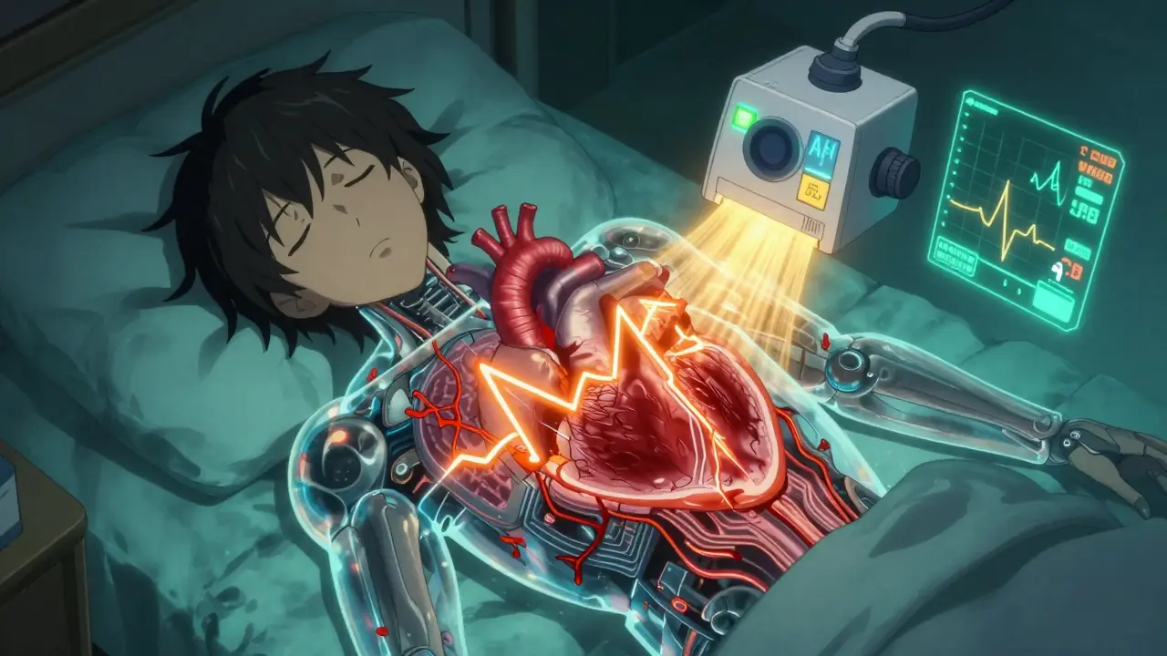 A sleeping person's heart showing arrhythmia lightning and scar tissue, with a CPAP mech repairing the damage.