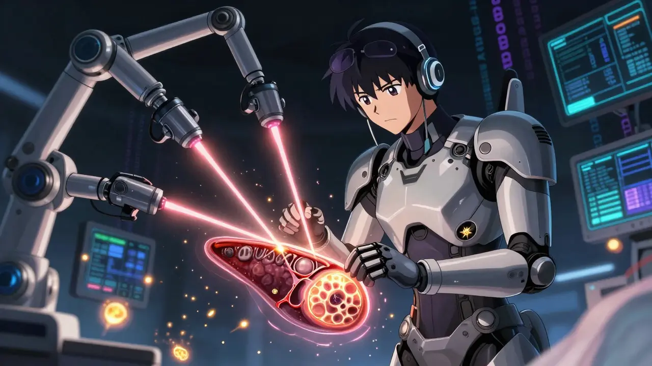 A surgeon in a mech suit performing surgery on a floating pancreatic tumor with robotic arms and glowing chemotherapy beams.