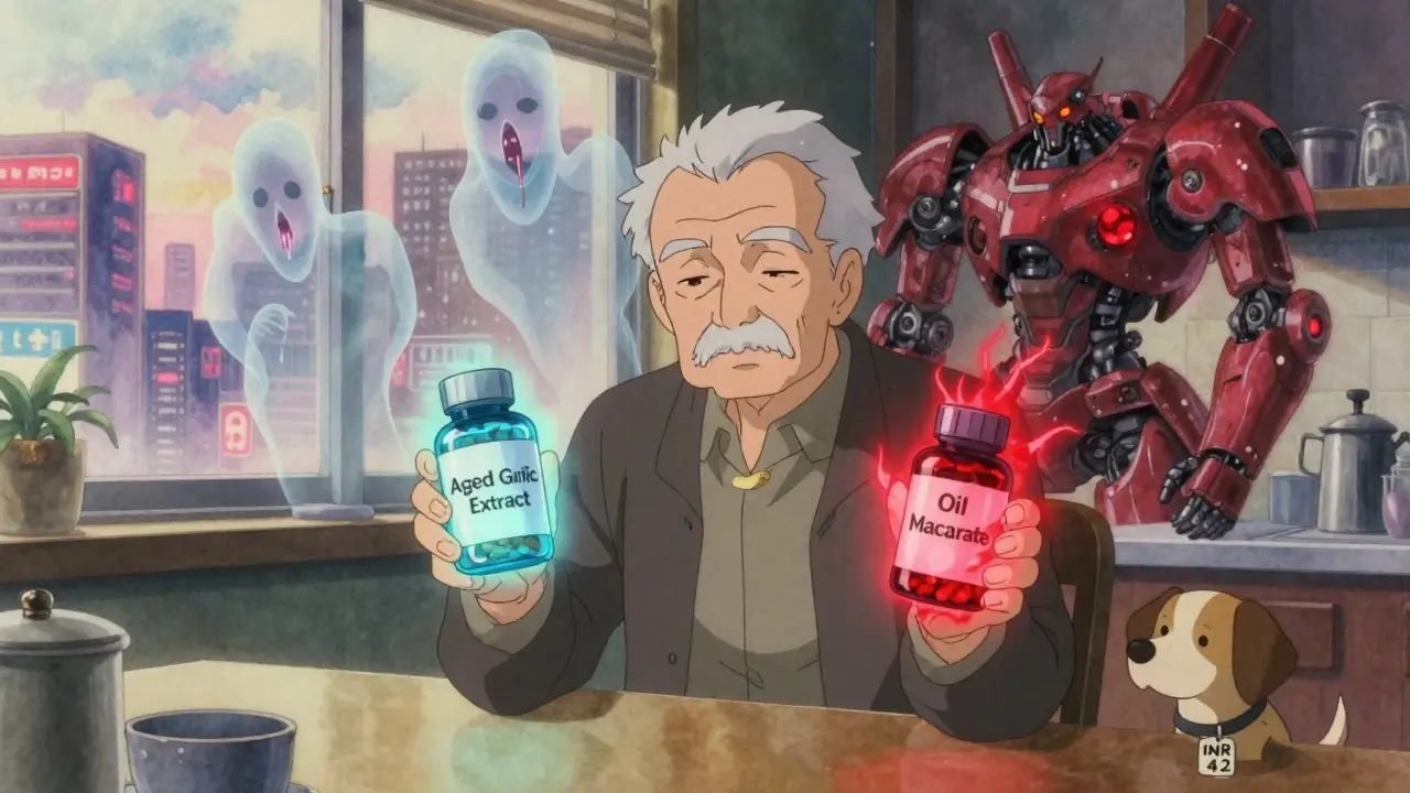 An elderly man holds two garlic pills—one safe, one dangerous—while ghostly medical disasters hover behind him.