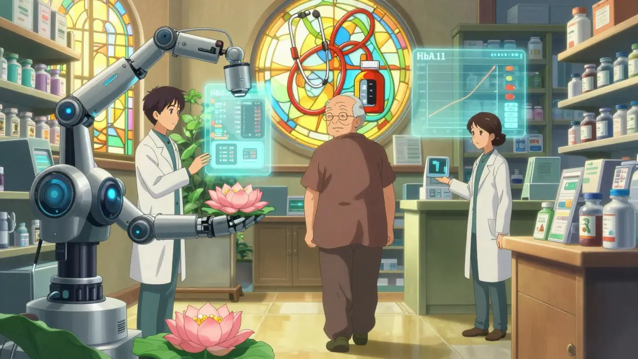 An elderly patient receives consolidated pills from a glowing pharmacy robot in a serene, high-tech community setting.