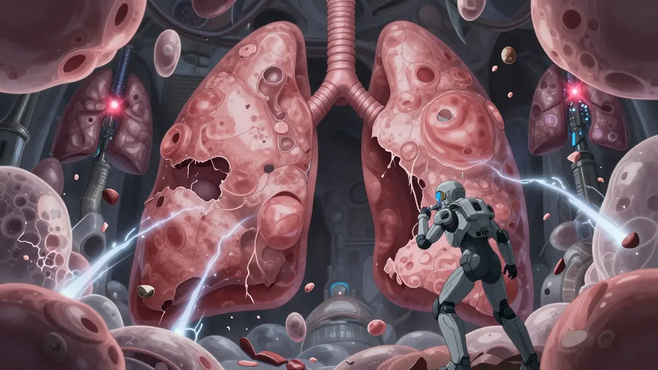 Collapsed alveoli in a damaged lung, with a pilot struggling to breathe amid ruptured sacs.